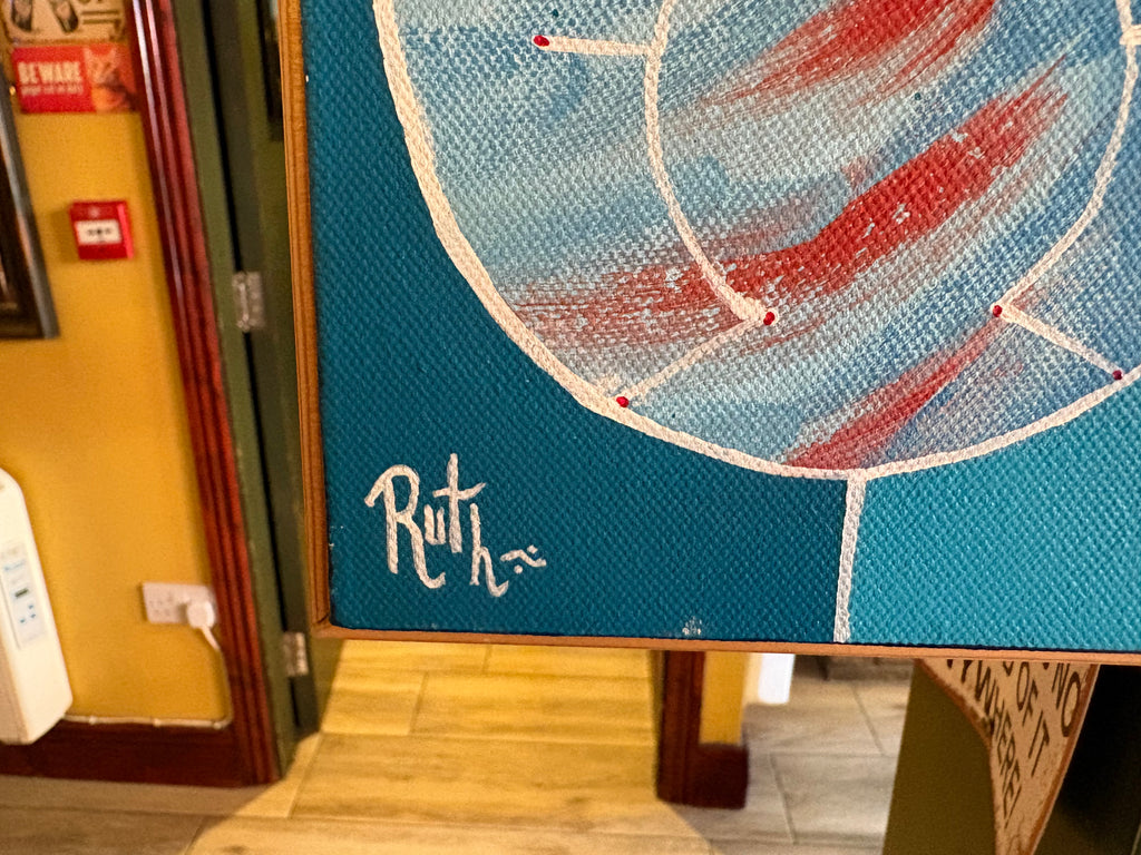 Close-up of the Ruth signature and circular motif at the lower-left corner of the bird painting.