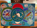 Contemporary painting of stylised white and red birds within overlapping circles on a teal background.