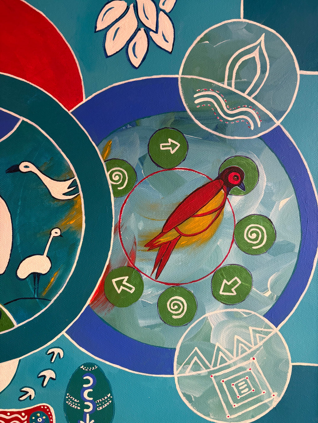 Right-side bird painting detail showing a red and yellow bird surrounded by arrows and spirals.