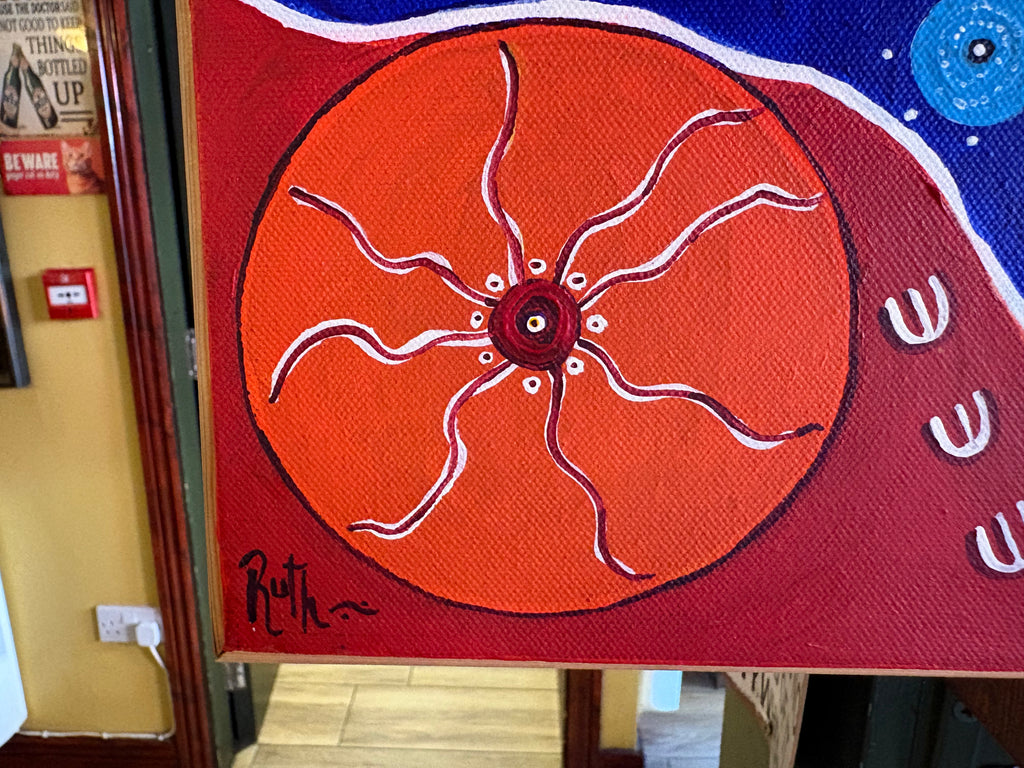 Lower-left painting detail showing an orange circular motif with radiating lines and the Ruth signature.