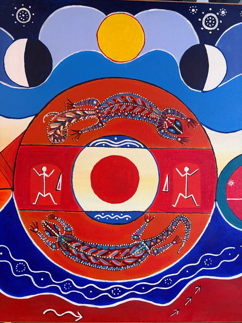 Central painting detail showing two patterned animal forms around a red circle, with sun and moon shapes above.