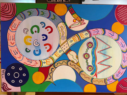 Bright abstract painting with overlapping patterned circles, curved shapes and multicoloured geometric motifs.