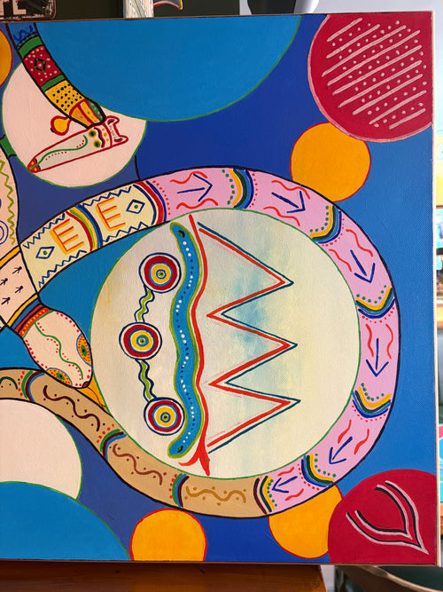 Right-side abstract painting detail showing a zigzag, concentric circles and a pink patterned border.