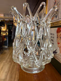 Clear glass open-lattice vase with interwoven loops, pointed rim and round foot