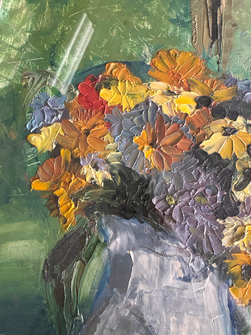 Close-up of yellow, orange and purple flowers above the pale jug, showing thick raised paint texture.