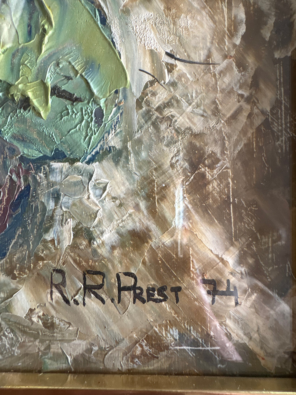 Close-up of the R. R. Prest signature and 74 date in the lower-right corner of the still life.