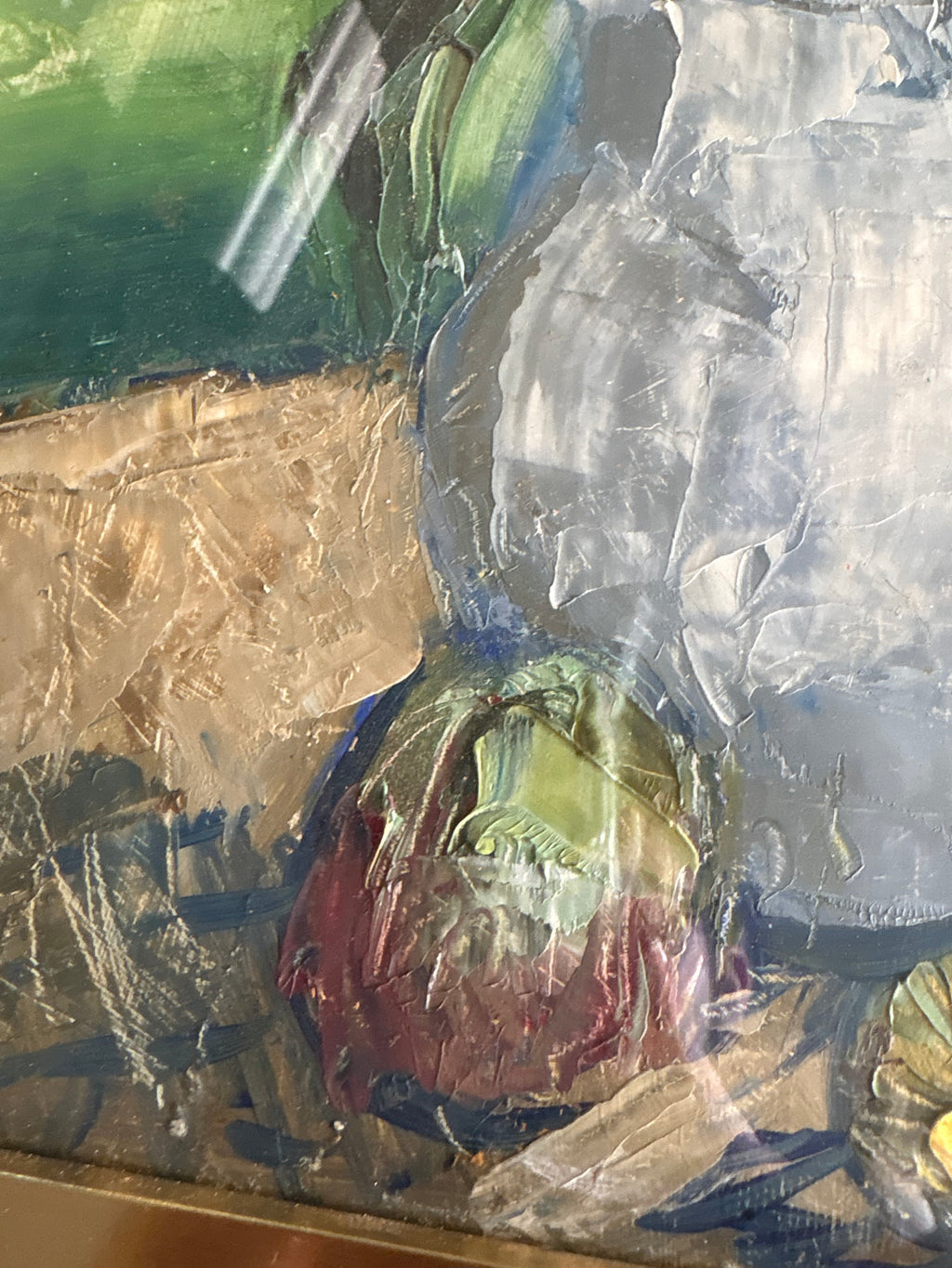 Lower-left still-life detail showing thick paint texture on a piece of fruit beside the pale jug.