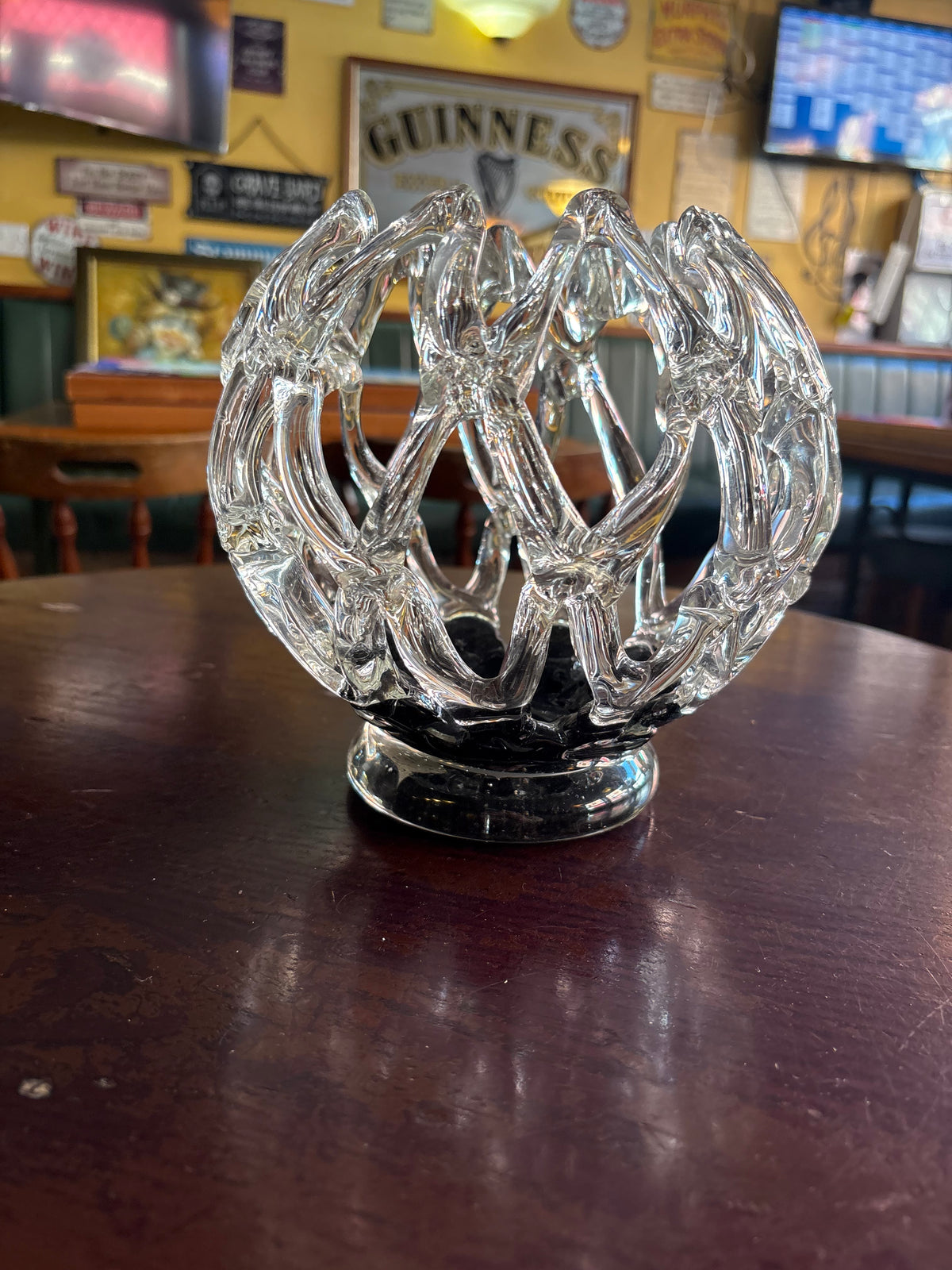MID CENTURY MODERN MURANO STYLE CLEAR GLASS OPEN WORK BOWL, BLACK BASE