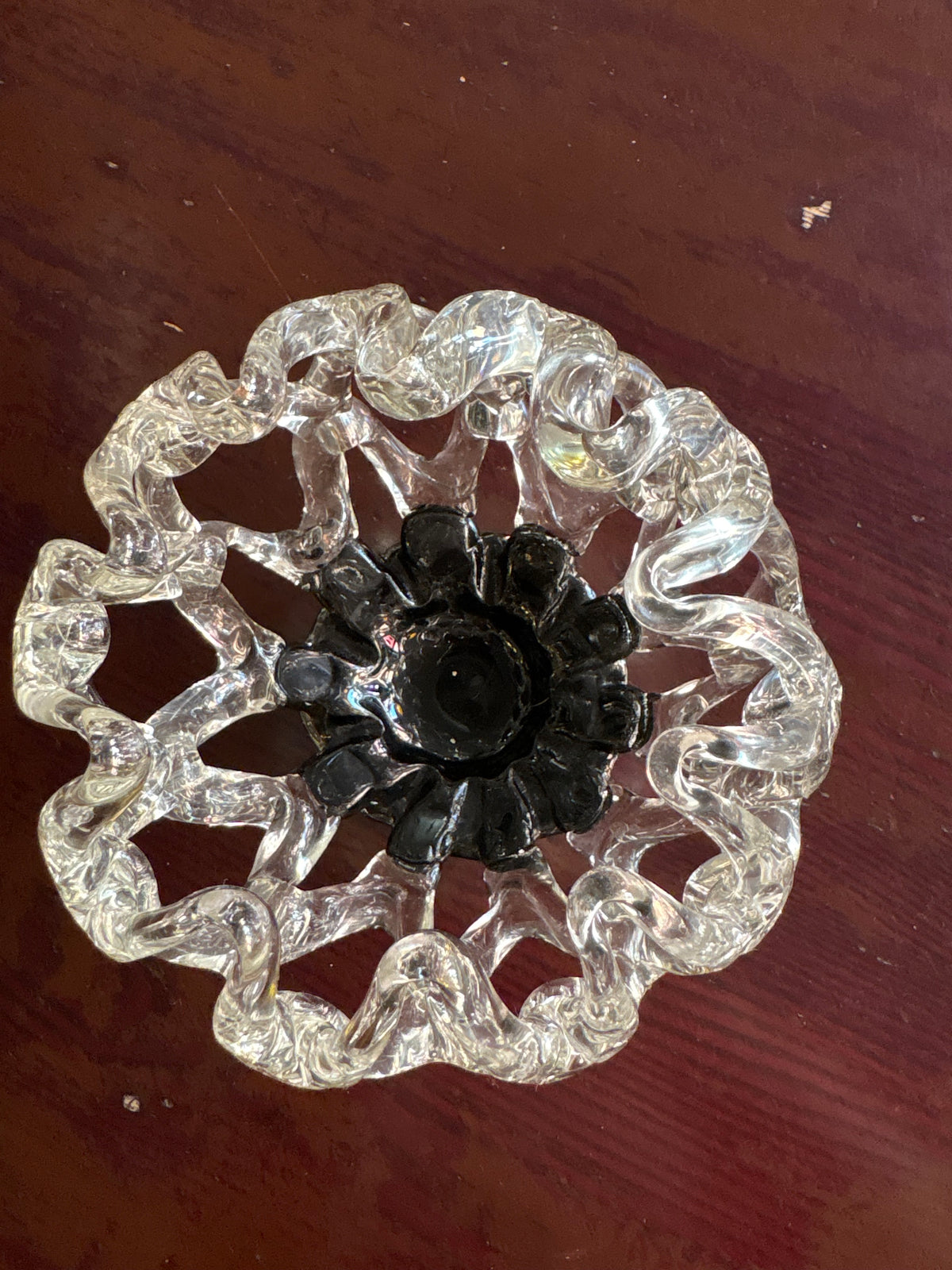 MID CENTURY MODERN MURANO STYLE CLEAR GLASS OPEN WORK BOWL, BLACK BASE