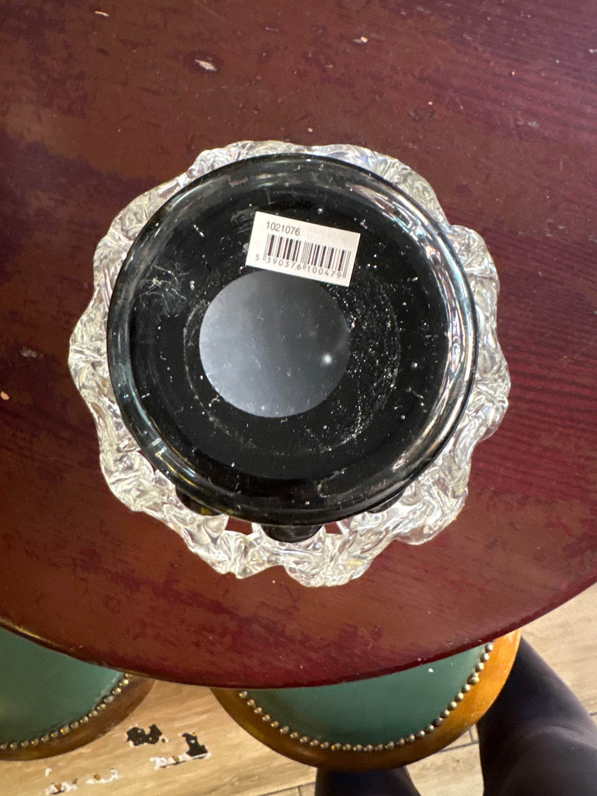 MID CENTURY MODERN MURANO STYLE CLEAR GLASS OPEN WORK BOWL, BLACK BASE
