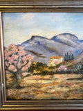Left-side landscape detail showing pink blossom, a pale house and lavender-coloured mountains.