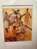 Warm-toned artwork of dancing figures in orange, pink and purple within a white mount.