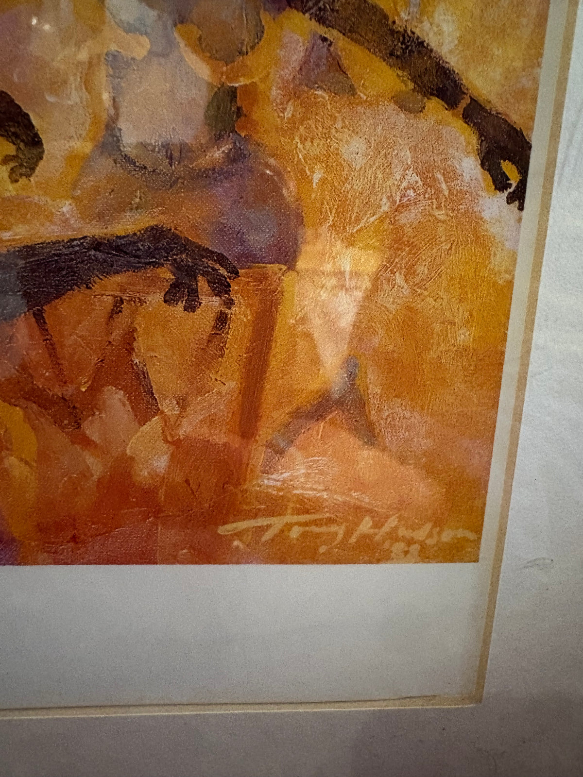 Lower-right detail of the dancing figures artwork showing textured colour and a signature.