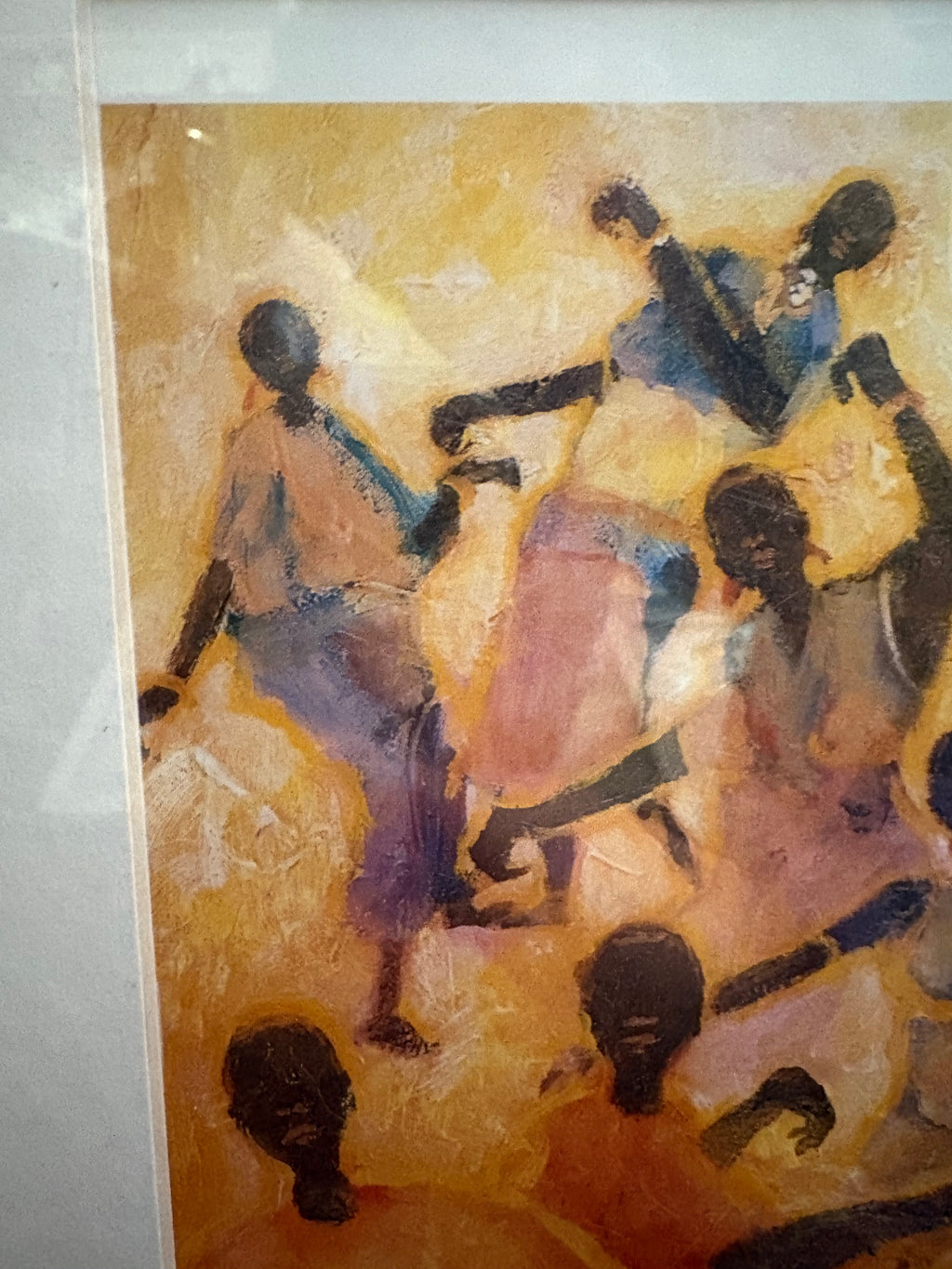 Upper-left detail of dancing figures with raised arms against a golden background.
