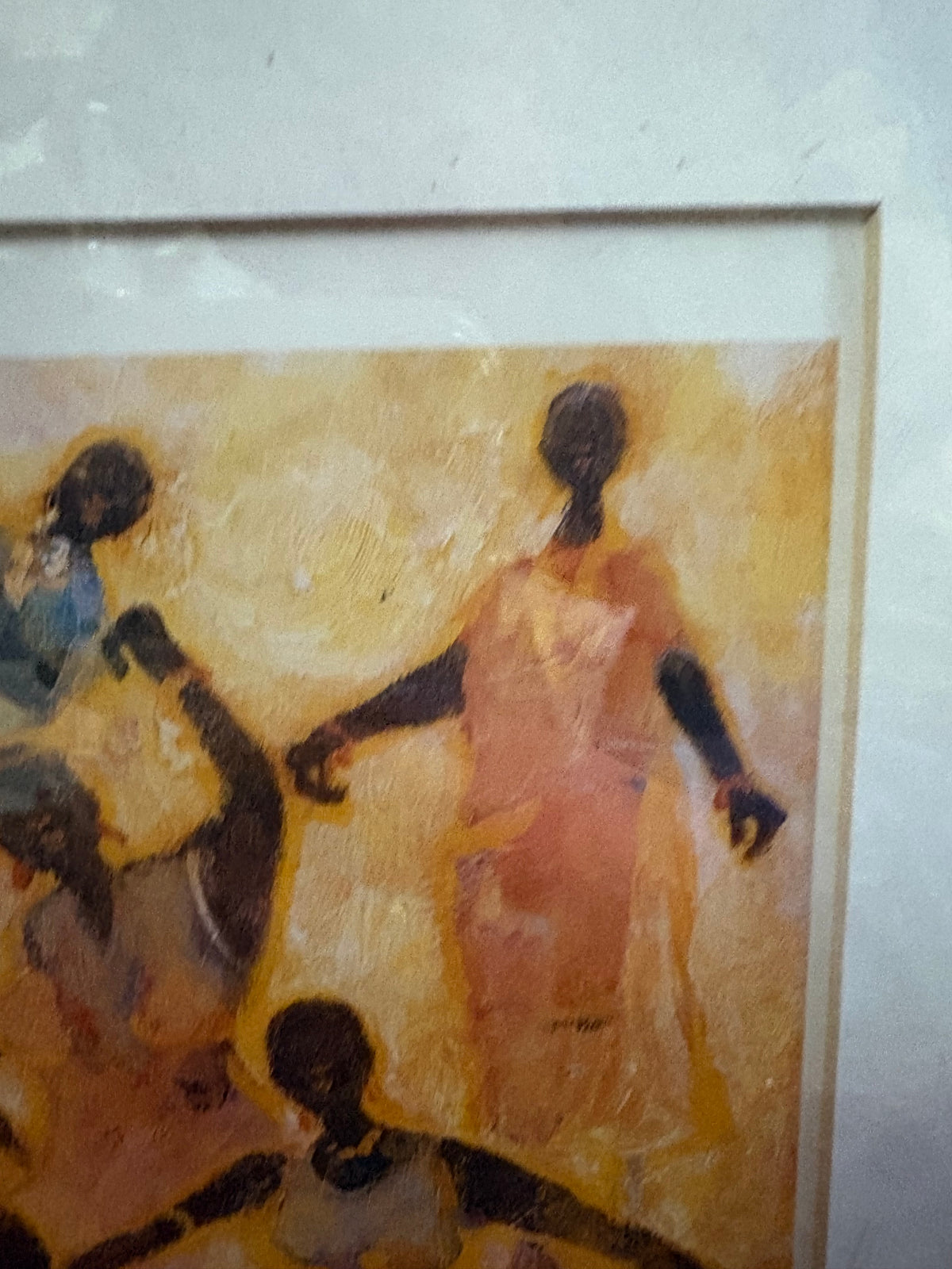 Upper-right detail of a dancing figure in an orange dress against a yellow background.