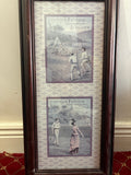 Two Huntley and Palmers biscuit advertising prints showing cricket and tennis in one tall wooden frame.