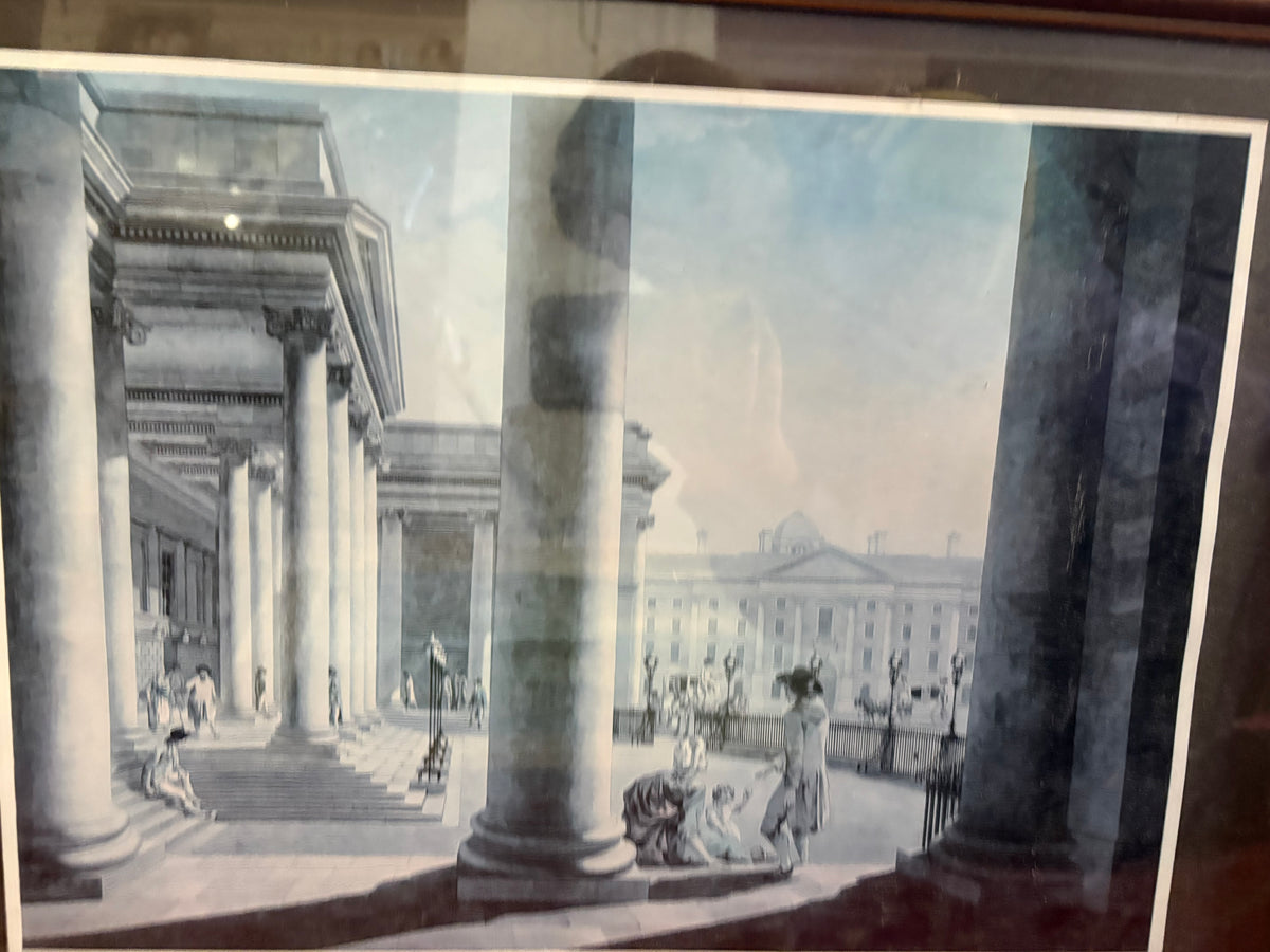 James Malton print showing Trinity College through the columns of Parliament House in Dublin.