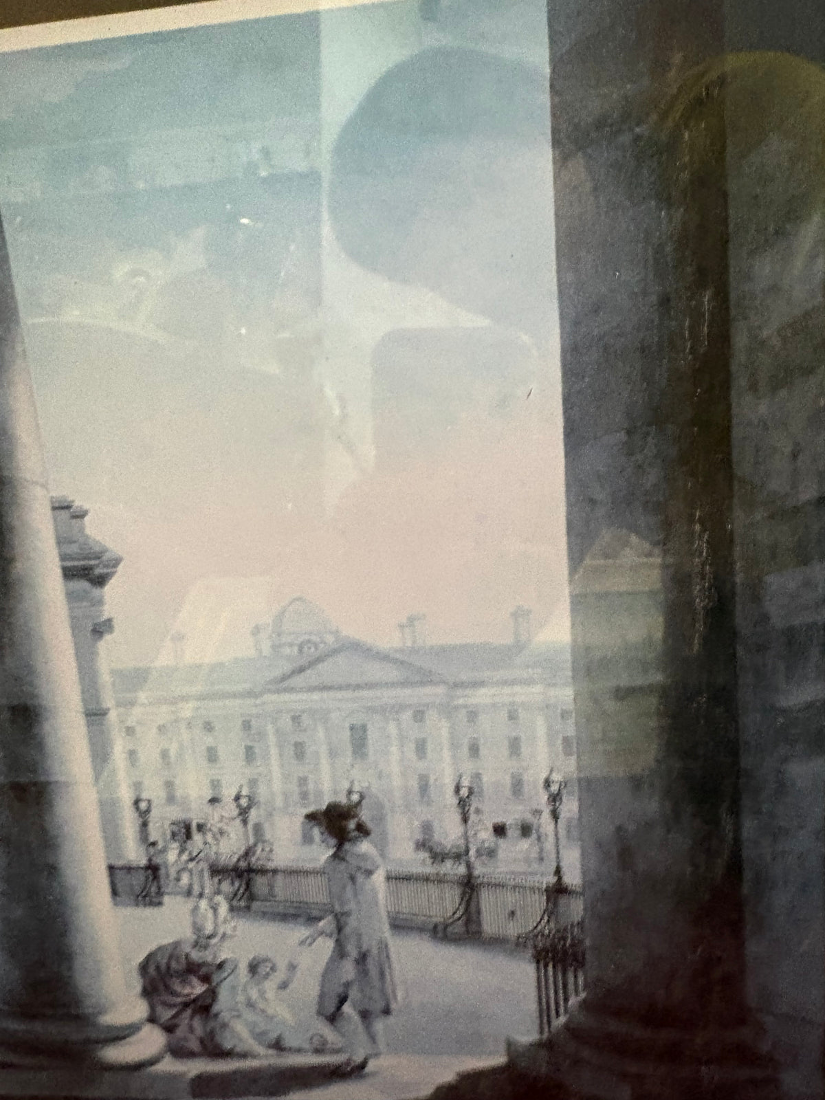 Right-side detail of the Dublin print showing figures between columns and Trinity College beyond.