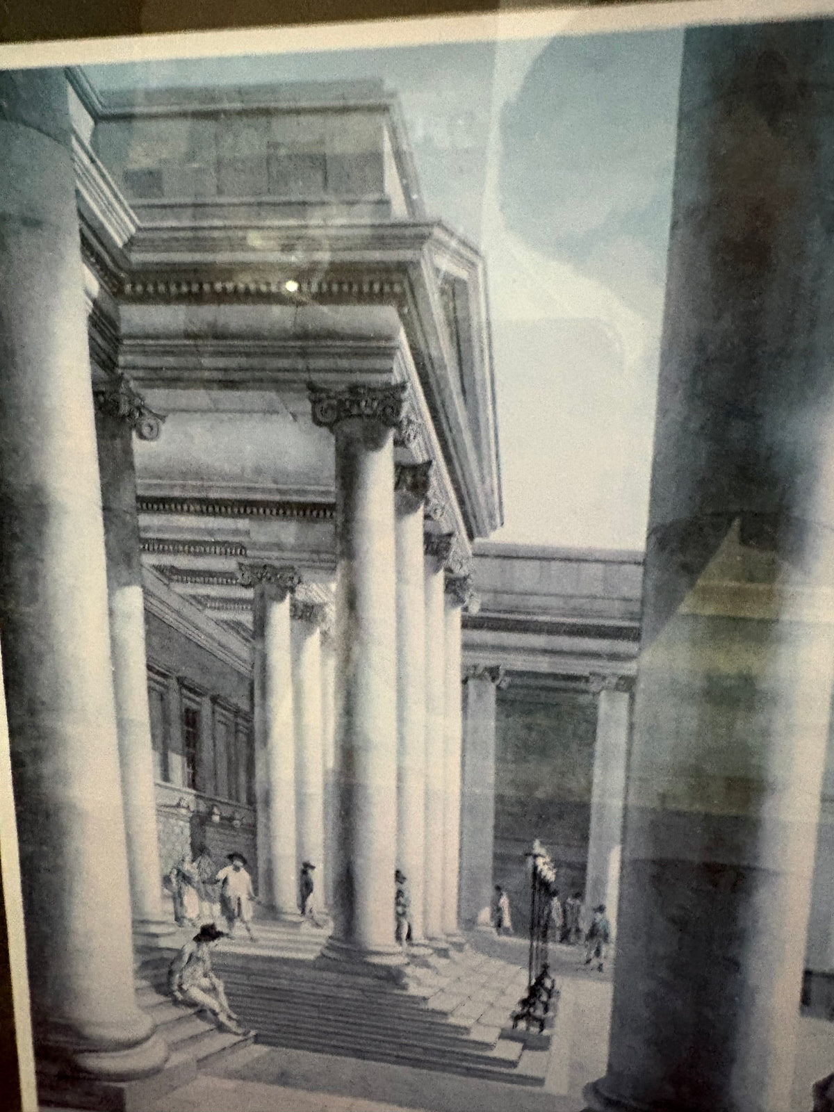 Architectural detail of tall columns, steps and figures in the James Malton Dublin print.
