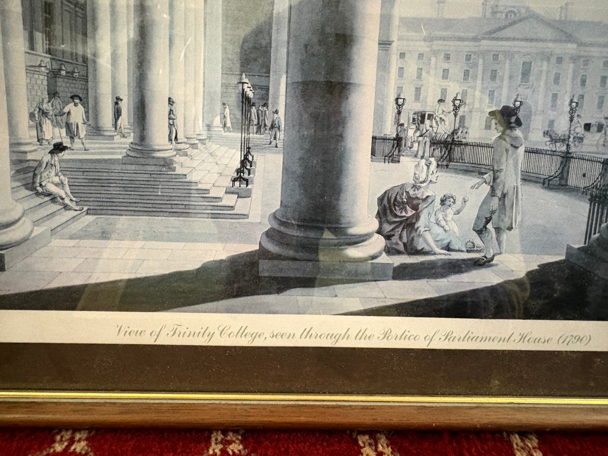 Lower detail of the Dublin print showing figures and the Trinity College and Parliament House caption.