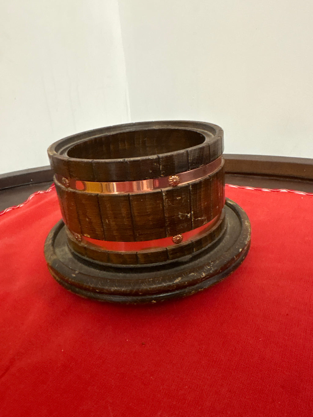 VINTAGE JAPANESE CYPRESS WOODEN RICE JAR WITH COPER BANDS