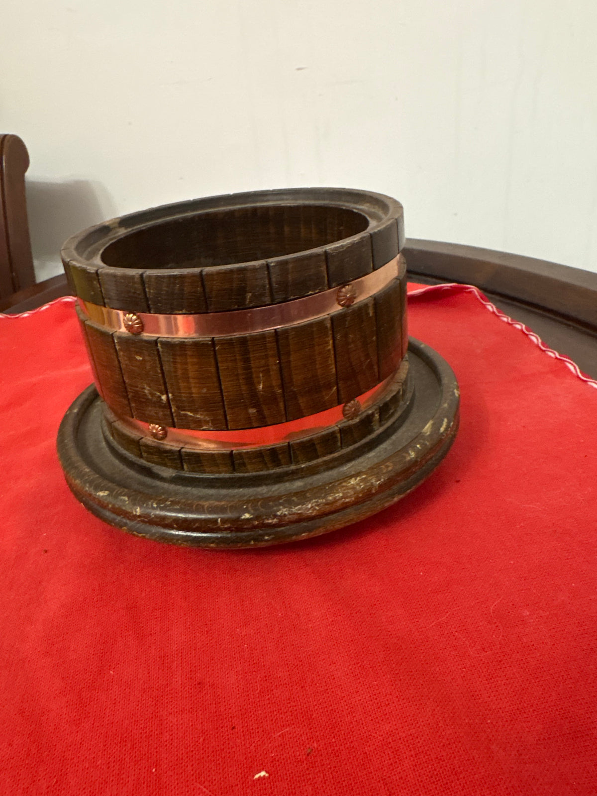 VINTAGE JAPANESE CYPRESS WOODEN RICE JAR WITH COPER BANDS