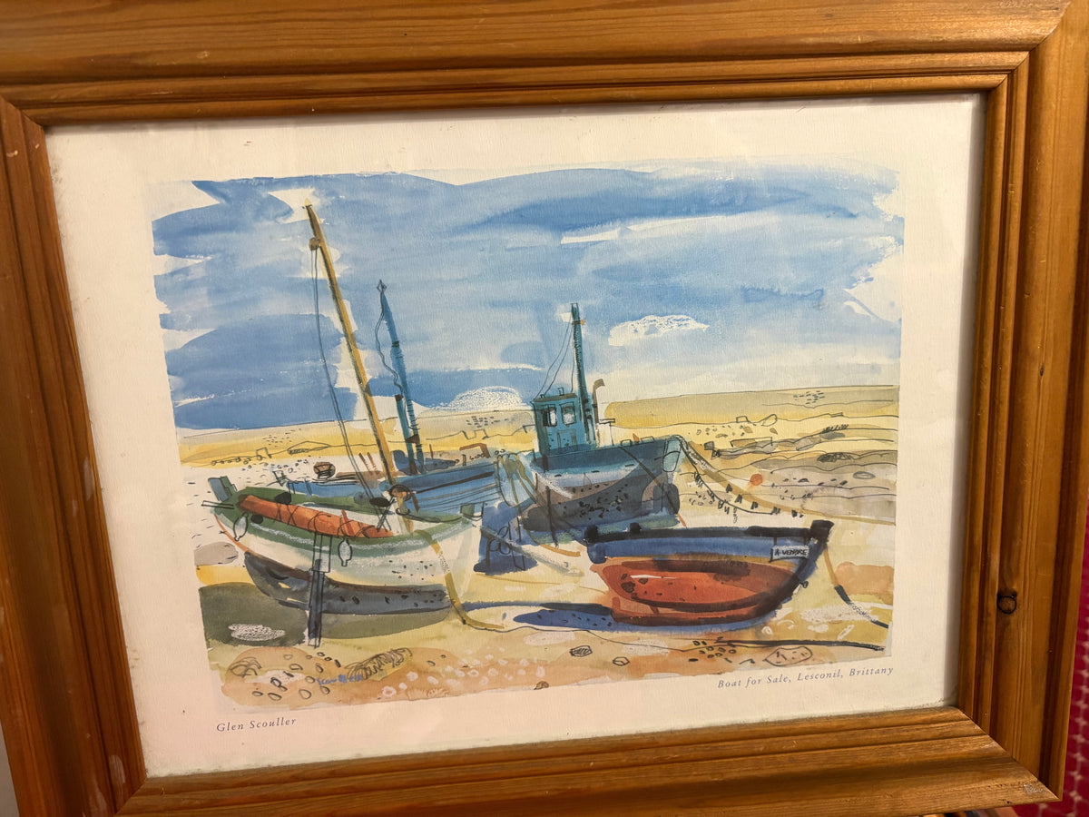 Glen Scouller Boat for Sale, Lesconil, Brittany print of boats on sand in a wooden frame.