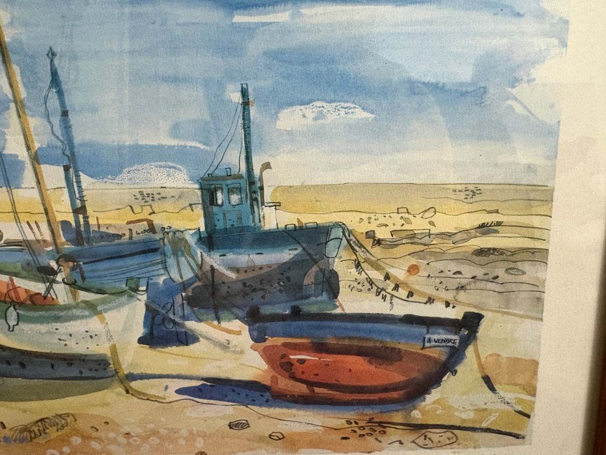 Close-up of the red dinghy and blue fishing boat in the Lesconil boat print.