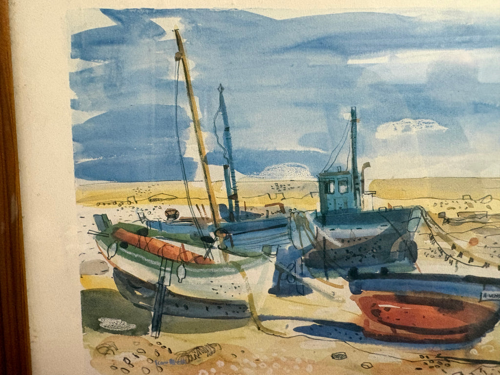 Detail of beached fishing boats, tall masts and blue sky in the Glen Scouller print.