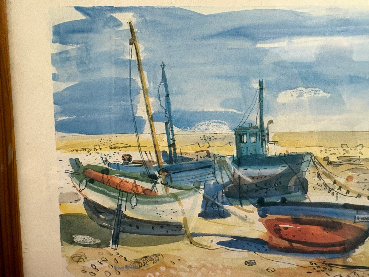 Detail of beached fishing boats, tall masts and blue sky in the Glen Scouller print.