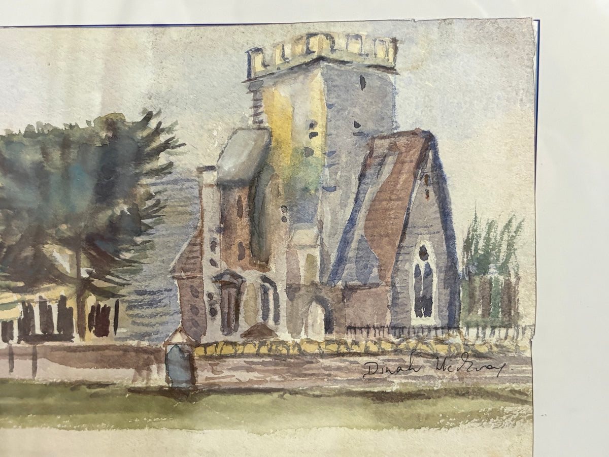 Church watercolour detail showing the tower, arched windows and Dinah McVay signature.
