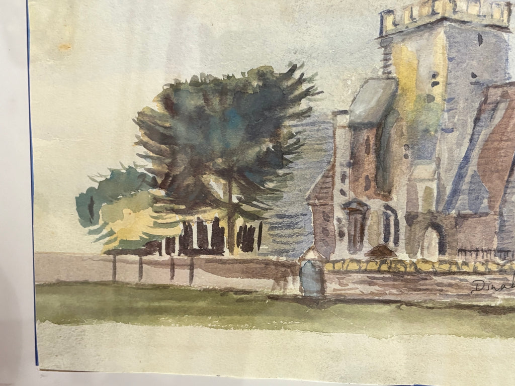 Left-side detail of the church watercolour showing trees, boundary wall and entrance.