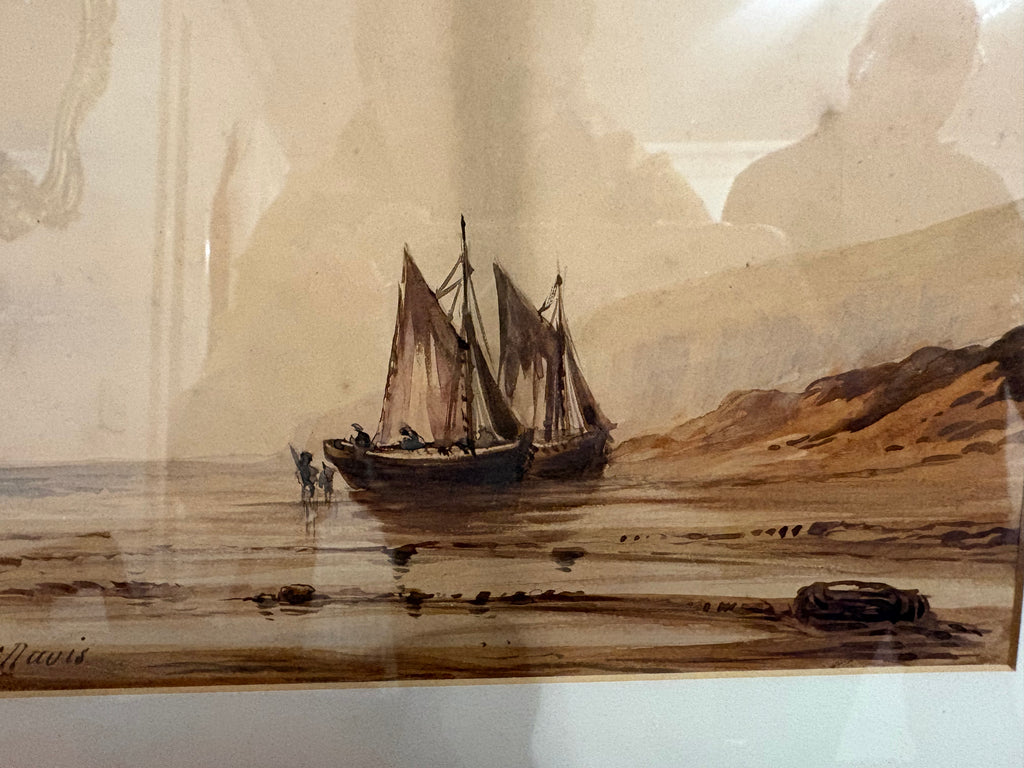 Close-up of fishing boats with raised sails and figures on the shore in the maritime watercolour.
