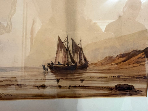 Close-up of fishing boats with raised sails and figures on the shore in the maritime watercolour.