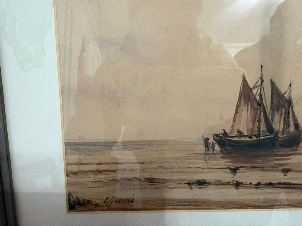 Lower-left detail of the maritime watercolour showing the signature, shoreline and boats.
