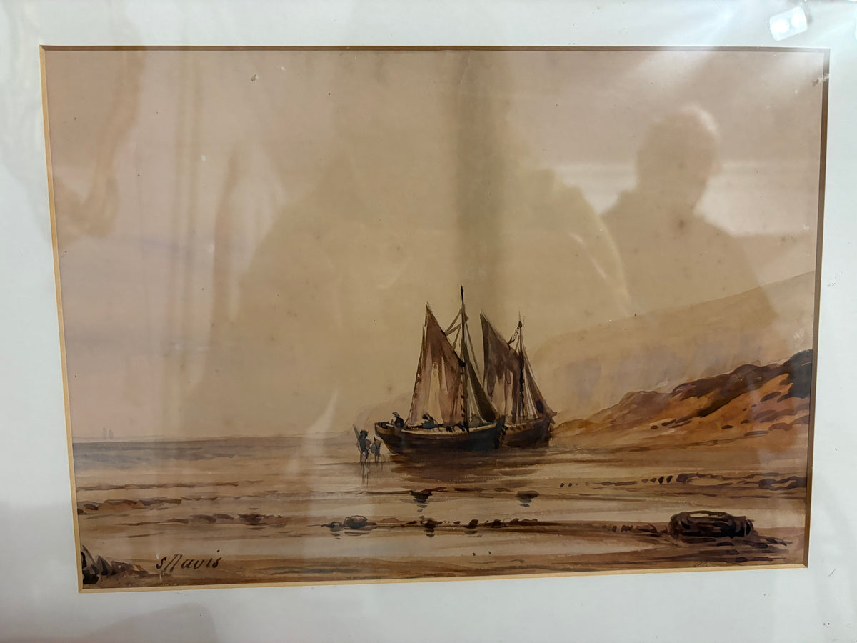Front detail of the beached boats watercolour, with sails, dunes and rocks along the shore.